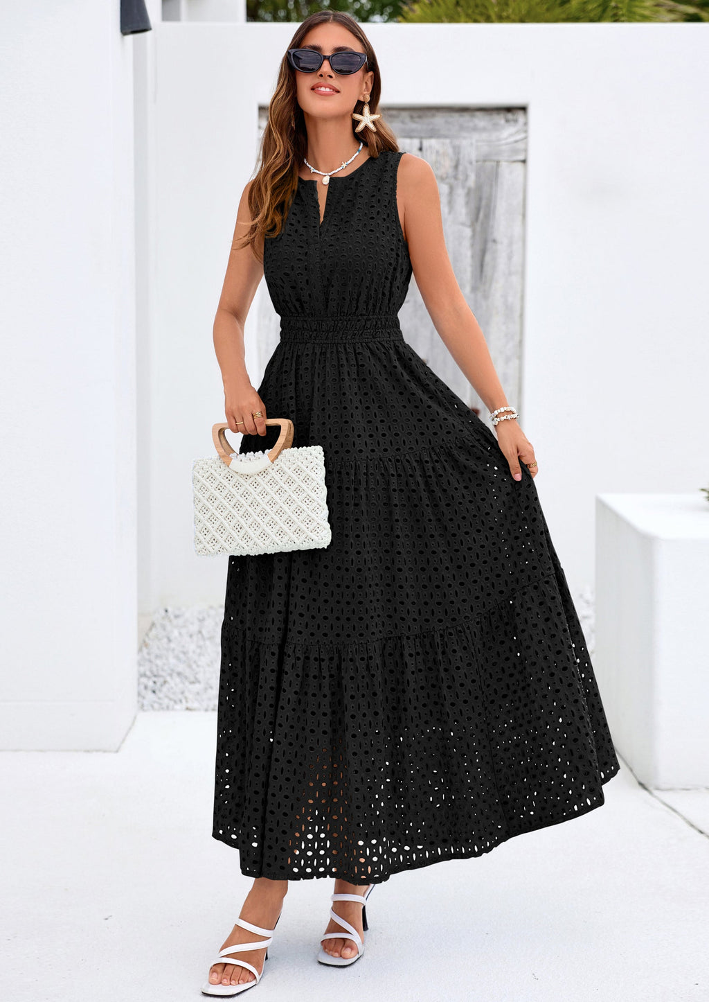 PRETTYGARDEN Summer Dresses for Women Sundresses Sleeveless V Neck Eyelet A Line Flowy Beach Vacation Spring Maxi Dress