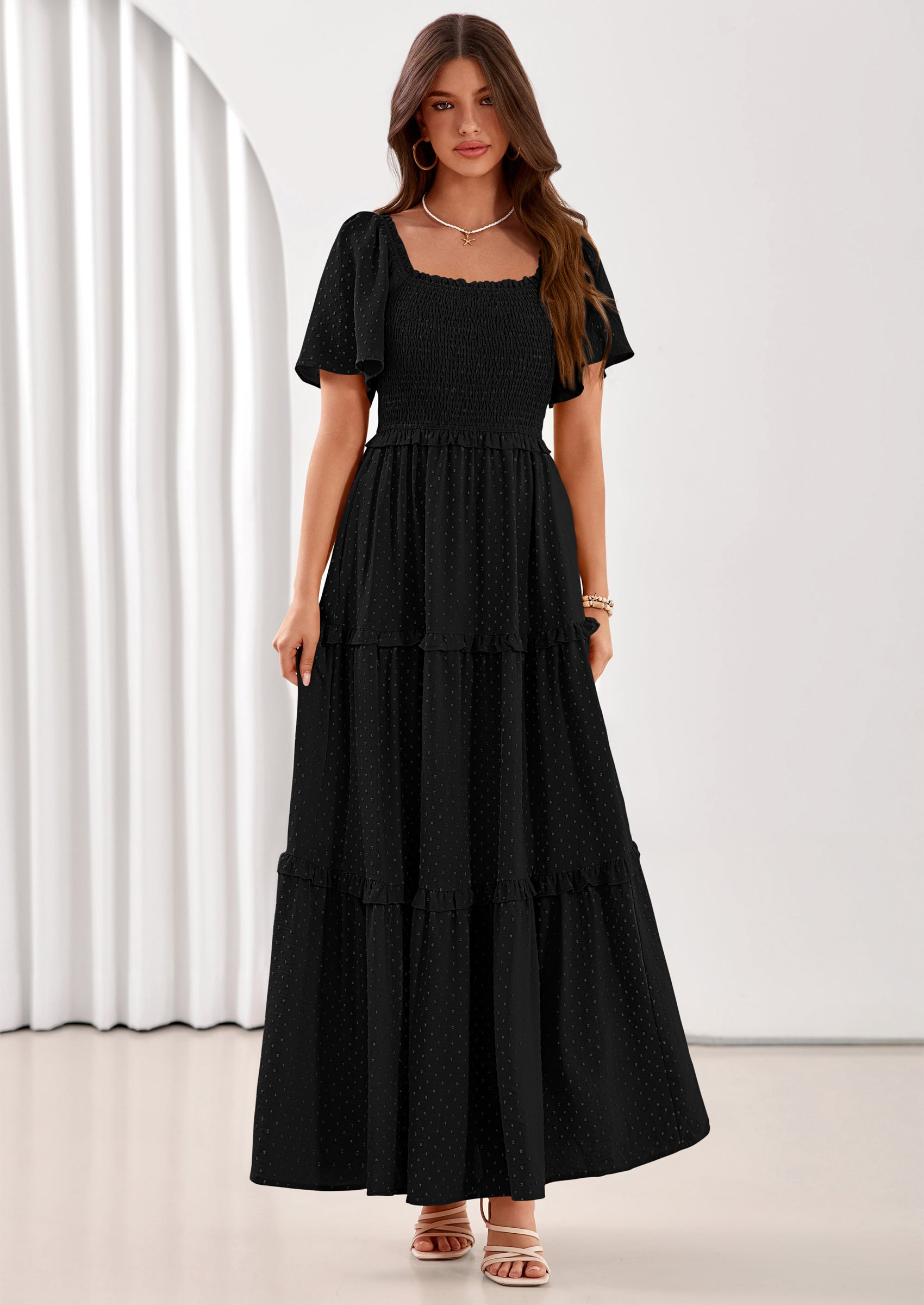 PRETTYGARDEN Summer Dresses for Women Boho Swiss Dot Smocked Square Neck Short Sleeve Spring Wedding Guest Maxi Dress