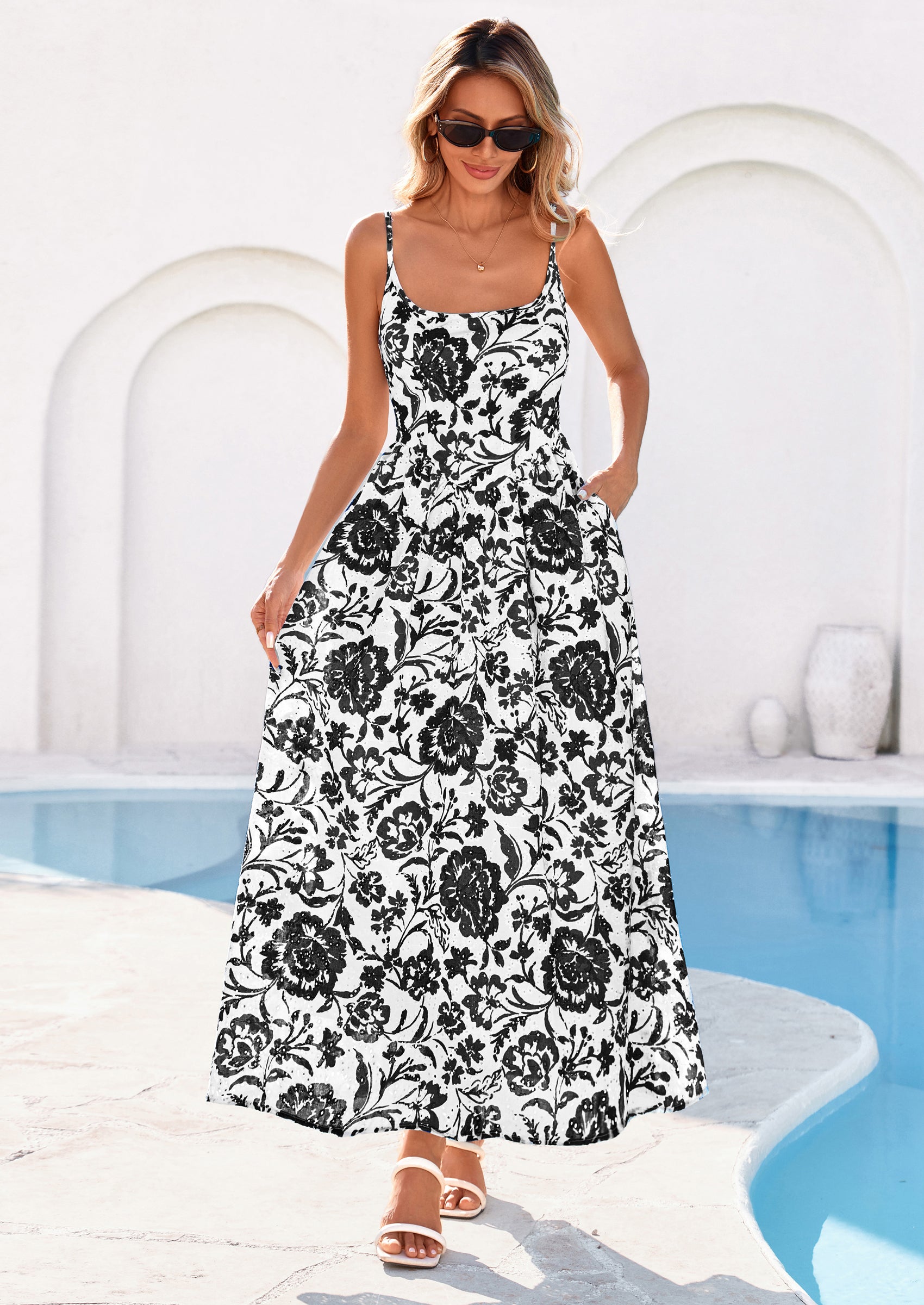 PRETTYGARDEN Womens Spring Boho Maxi Dress Eyelet Floral Long Flowy Sundresses Summer Beach Vacation Clothes