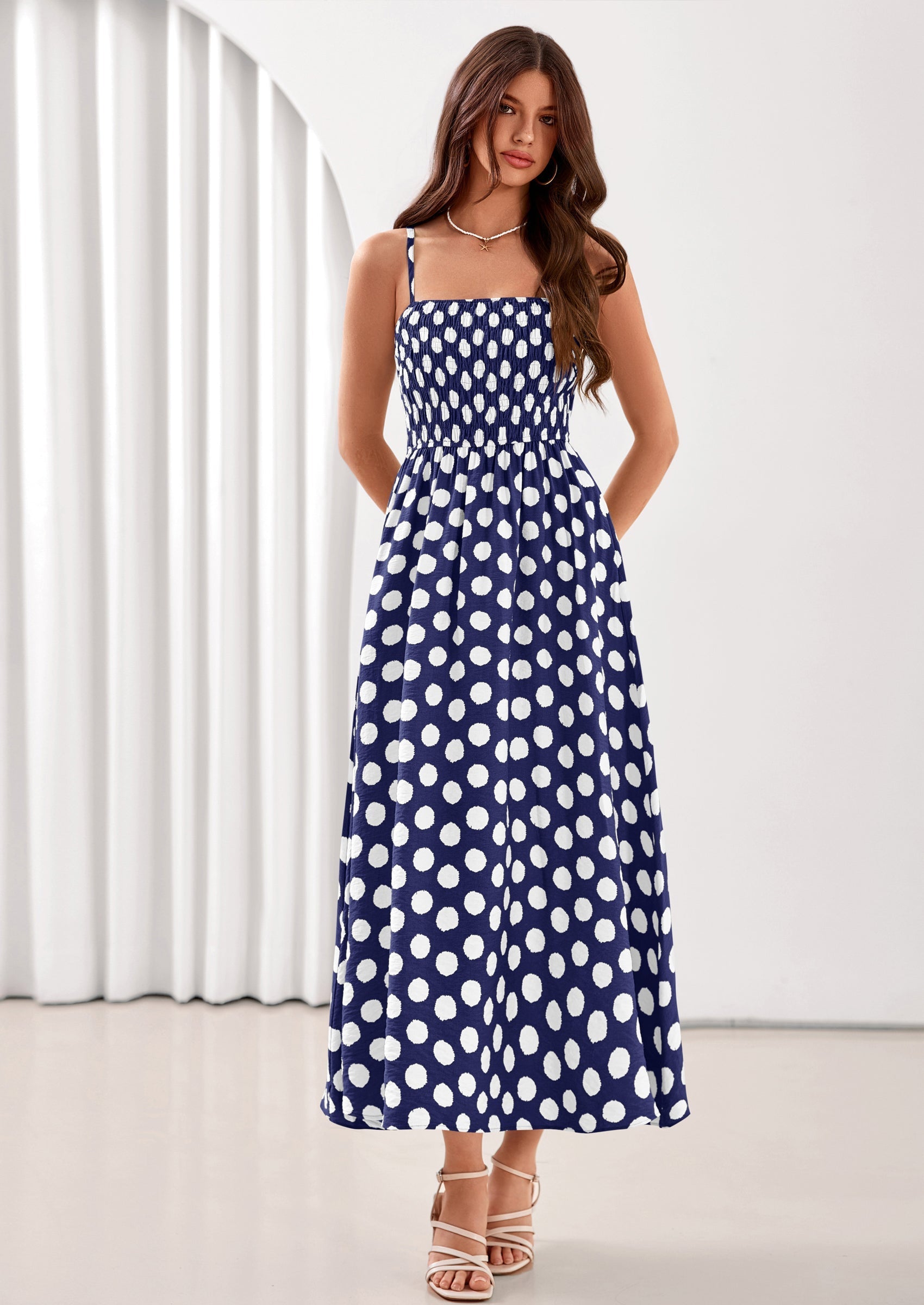 PRETTYGARDEN Womens Summer Dresses Spring Sleeveless Spaghetti Straps Casual Midi Dress Polka Dot Smocked Beach Sundress