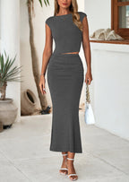 PRETTYGARDEN Summer 2 Piece Sets for Women Going Out Casual Cap Sleeve Crop Tops Ruched Maxi Long Skirts Spring Outfits