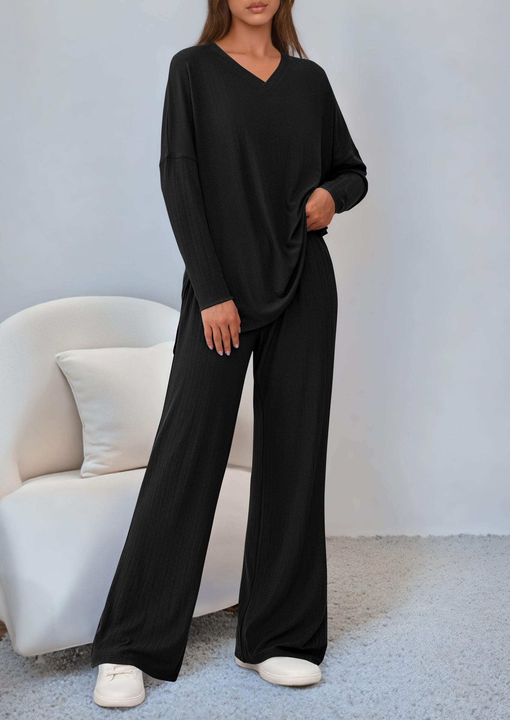 PRETTYGARDEN 2 Piece Lounge Sets for Women Fall Outfits Casual Loose Long Sleeve Tops Wide Leg Pants Matching Pajama Set
