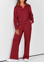 PRETTYGARDEN Women's 2 Piece Outfits Casual Lapel Half Zip Sweatshirts And Wide Leg Pants Tracksuit Sets