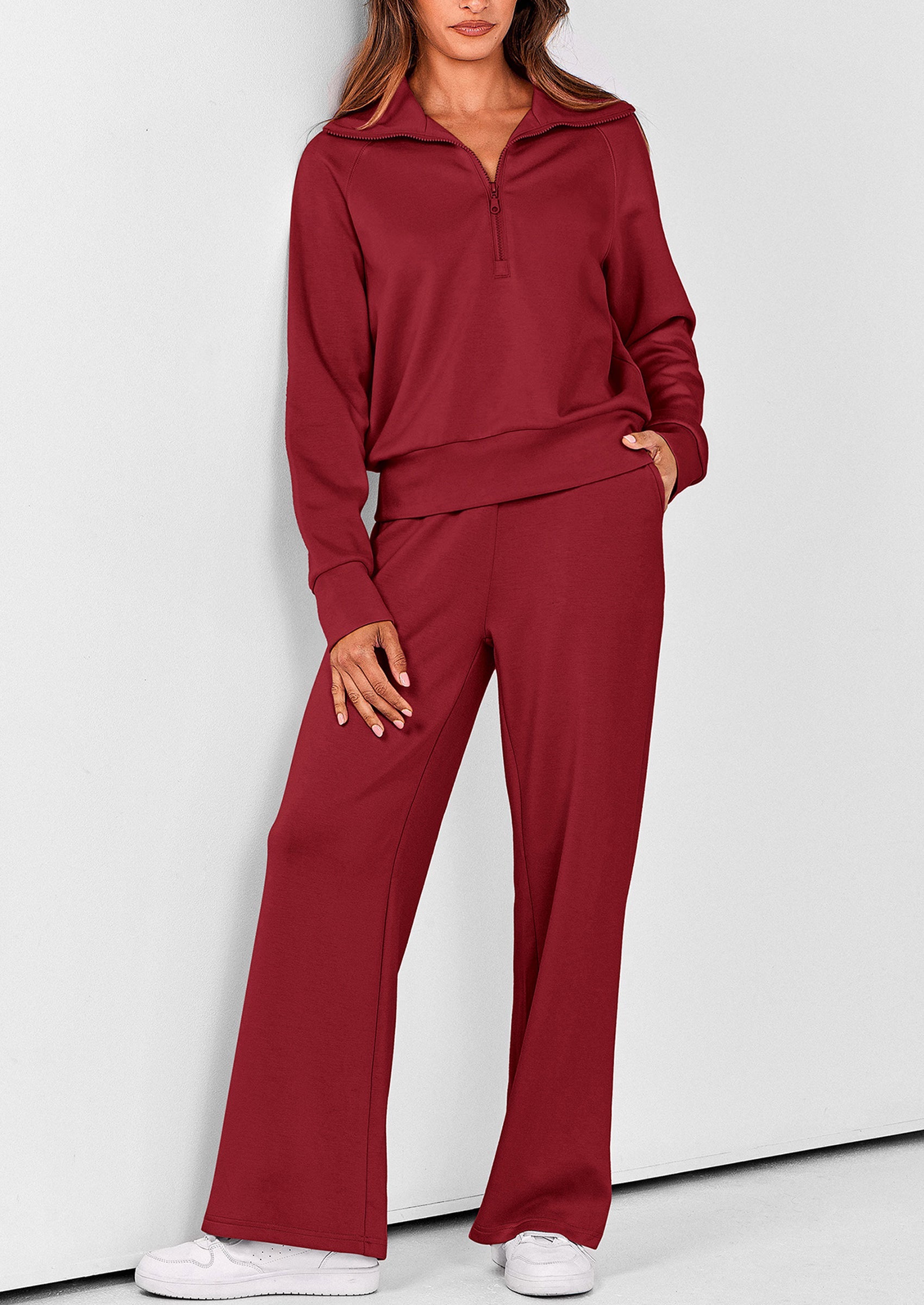 PRETTYGARDEN Women's 2 Piece Outfits Casual Lapel Half Zip Sweatshirts And Wide Leg Pants Tracksuit Sets