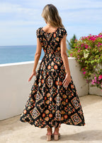 PRETTYGARDEN Women's Boho Maxi Dress Summer Cap Sleeve Long Flowy Beach Vacation Floral Sundresses Spring Resort Wear