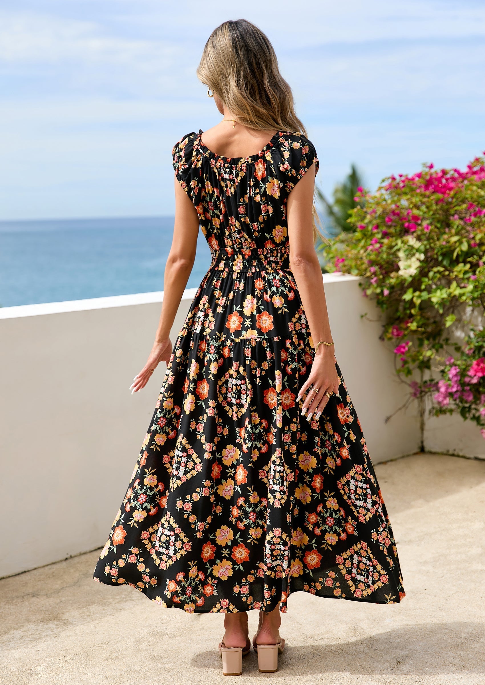 PRETTYGARDEN Women's Boho Maxi Dress Summer Cap Sleeve Long Flowy Beach Vacation Floral Sundresses Spring Resort Wear