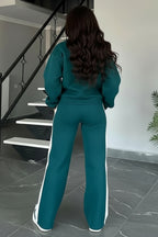 Long Sleeve Track Jacket Colorblock Striped Pants 2pcs Set-Teal [Pre Order]
