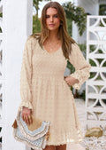 BTFBM Spring Dresses for Women 2026 Long Sleeve Casual V Neck Swiss Dot Smocked Ruffle Chiffon Flowy Mini Summer Dress