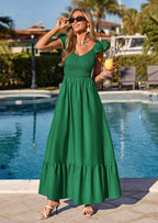 PRETTYGARDEN Women's Summer Casual Maxi Dresses Cap Sleeve V Neck Smocked Long Pockets Party Sundress Vacation Outfits