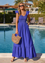 PRETTYGARDEN Women's Summer Casual Maxi Dresses Cap Sleeve V Neck Smocked Long Pockets Party Sundress Vacation Outfits