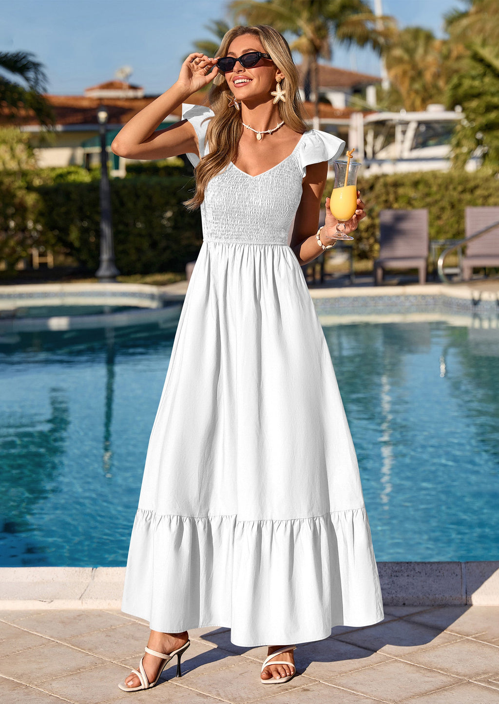 PRETTYGARDEN Women's Summer Casual Maxi Dresses Cap Sleeve V Neck Smocked Long Pockets Party Sundress Vacation Outfits