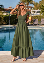 PRETTYGARDEN Women's Summer Casual Maxi Dresses Cap Sleeve V Neck Smocked Long Pockets Party Sundress Vacation Outfits