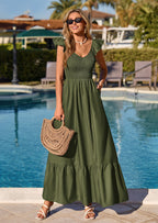 PRETTYGARDEN Women's Summer Casual Maxi Dresses Cap Sleeve V Neck Smocked Long Pockets Party Sundress Vacation Outfits
