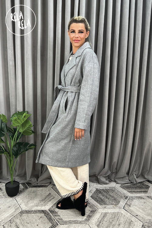 Double Breasted Belted Midi Coat in Charcoal