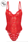 Underwire High Leg Lace Bodysuit in Red