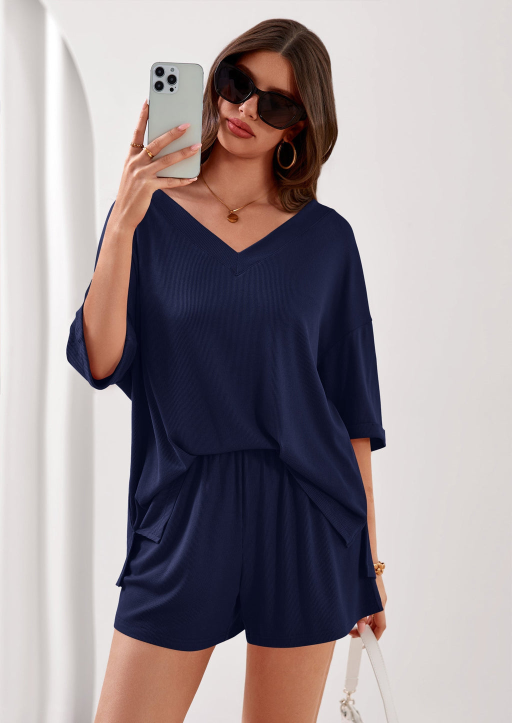 PRETTYGARDEN Womens 2 Piece Sets Oversized Vneck Half Sleeve Tops Shorts Lounge Set Casual Summer Travel Beach Outfits
