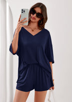PRETTYGARDEN Womens 2 Piece Sets Oversized Vneck Half Sleeve Tops Shorts Lounge Set Casual Summer Travel Beach Outfits