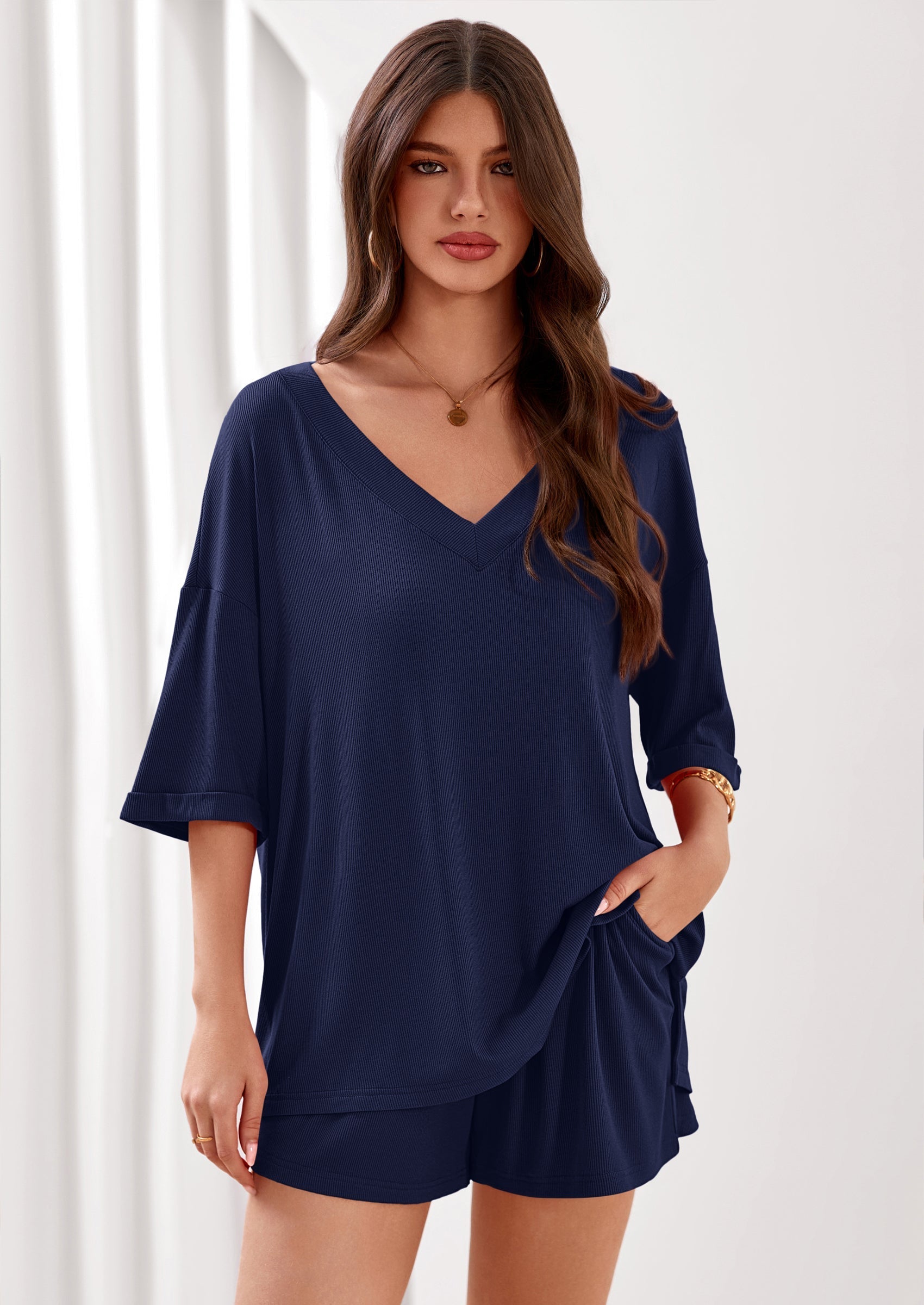 PRETTYGARDEN Womens 2 Piece Sets Oversized Vneck Half Sleeve Tops Shorts Lounge Set Casual Summer Travel Beach Outfits