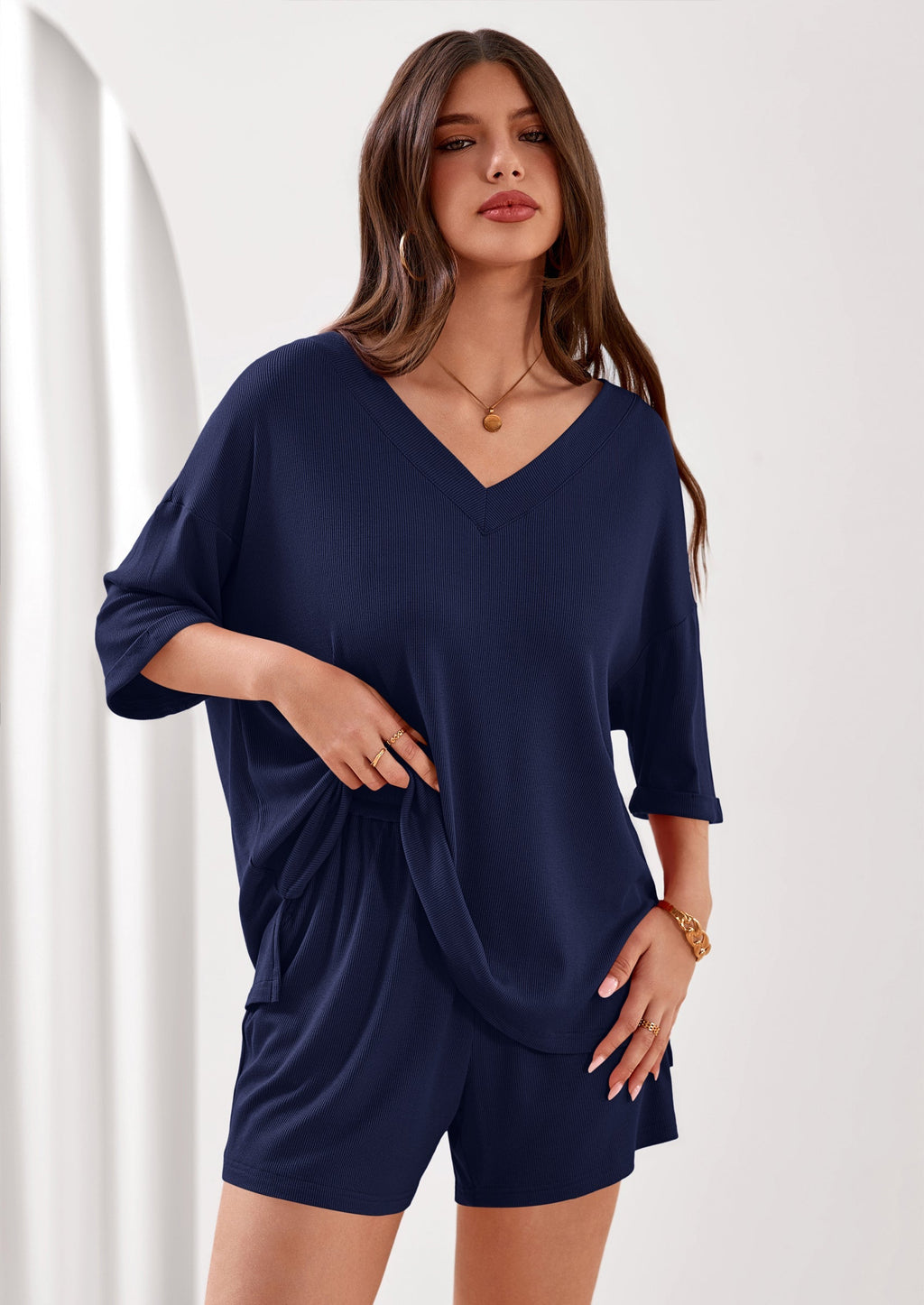 PRETTYGARDEN Womens 2 Piece Sets Oversized Vneck Half Sleeve Tops Shorts Lounge Set Casual Summer Travel Beach Outfits