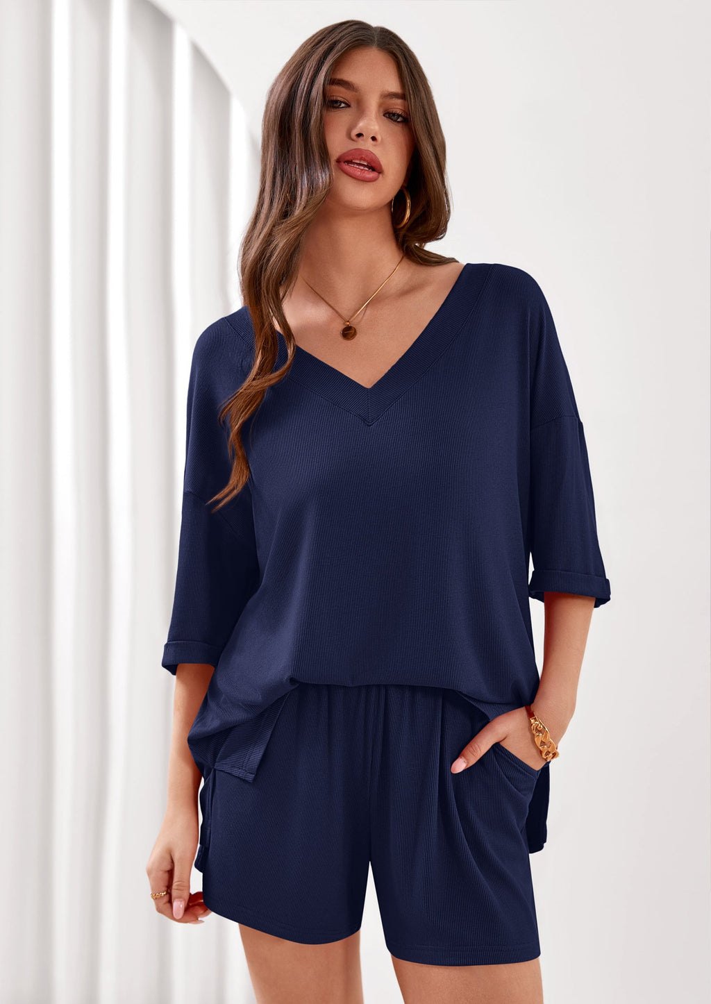 PRETTYGARDEN Womens 2 Piece Sets Oversized Vneck Half Sleeve Tops Shorts Lounge Set Casual Summer Travel Beach Outfits