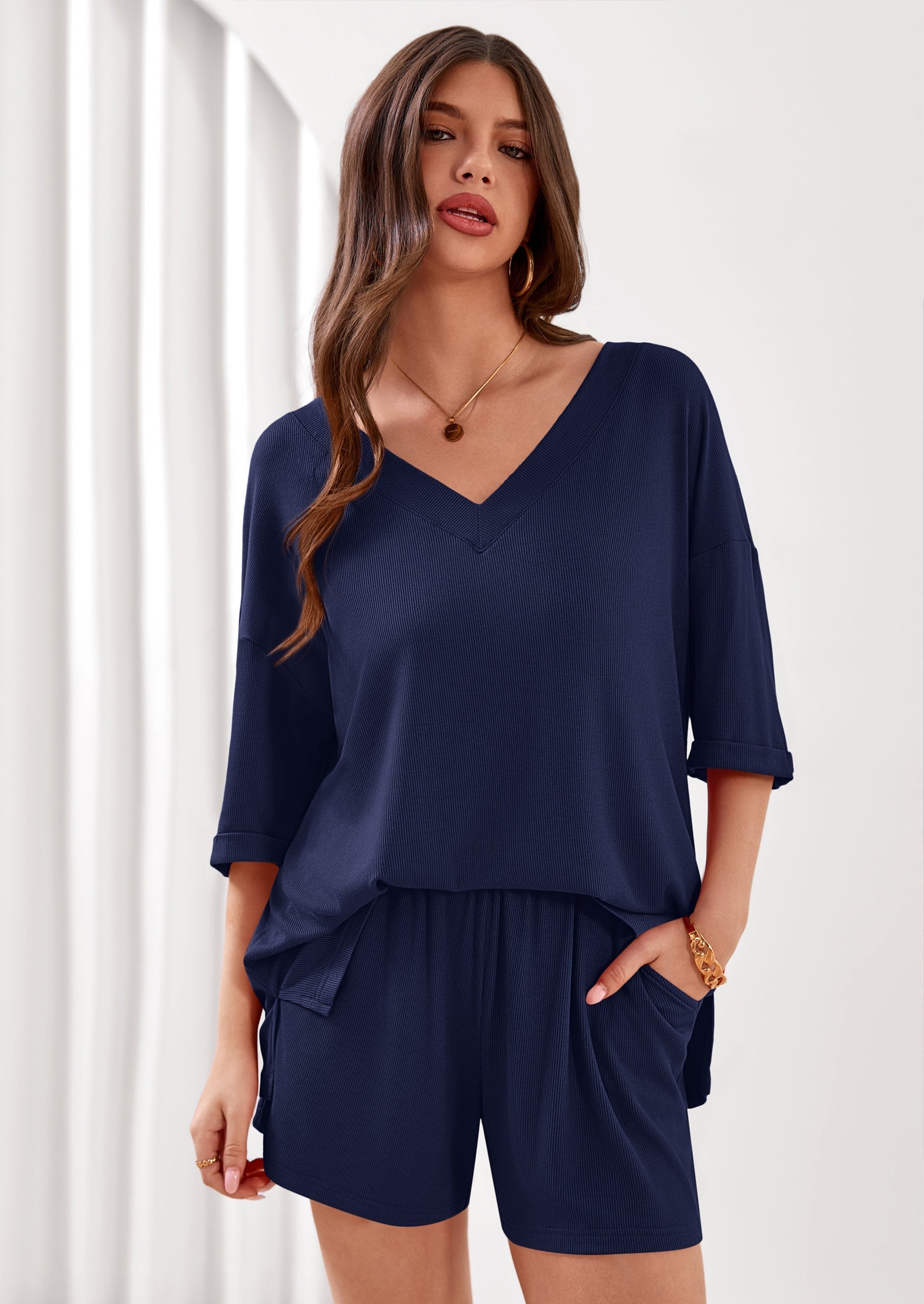 PRETTYGARDEN Womens 2 Piece Sets Oversized Vneck Half Sleeve Tops Shorts Lounge Set Casual Summer Travel Beach Outfits