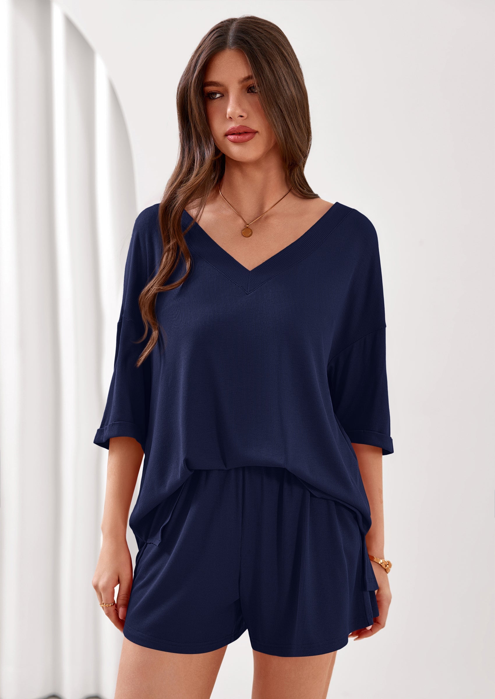 PRETTYGARDEN Womens 2 Piece Sets Oversized Vneck Half Sleeve Tops Shorts Lounge Set Casual Summer Travel Beach Outfits