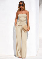 PRETTYGARDEN Summer Sets Women 2 Piece Outfits Asymmetrical Tube Tops and Pants Beach Vacation Airport Matching Lounge Set