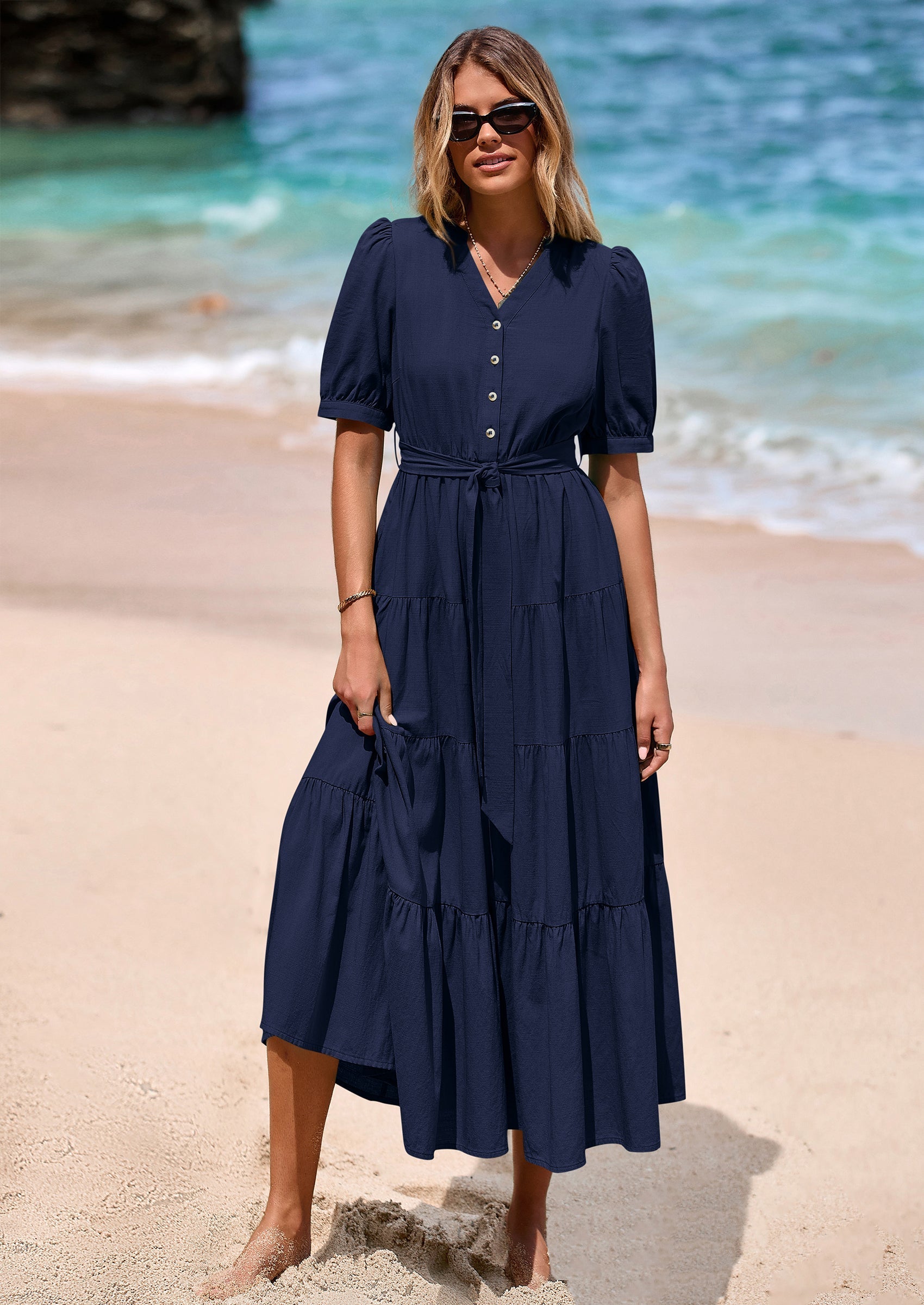 PRETTYGARDEN Women's Midi Dress Casual Short Sleeve V Neck Buttons Belted Ruffle A Line Flowy Dress with Pockets