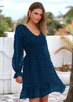 BTFBM Spring Dresses for Women 2026 Long Sleeve Casual V Neck Swiss Dot Smocked Ruffle Chiffon Flowy Mini Summer Dress