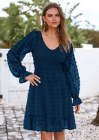 BTFBM Spring Dresses for Women 2026 Long Sleeve Casual V Neck Swiss Dot Smocked Ruffle Chiffon Flowy Mini Summer Dress