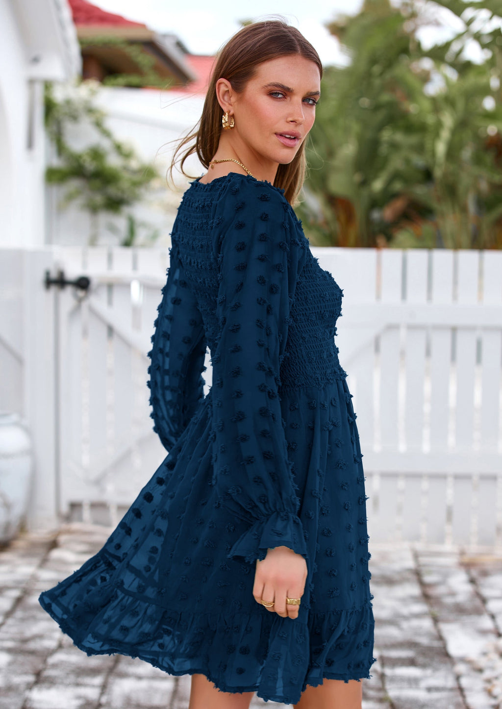 BTFBM Spring Dresses for Women 2026 Long Sleeve Casual V Neck Swiss Dot Smocked Ruffle Chiffon Flowy Mini Summer Dress