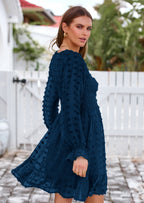 BTFBM Spring Dresses for Women 2026 Long Sleeve Casual V Neck Swiss Dot Smocked Ruffle Chiffon Flowy Mini Summer Dress