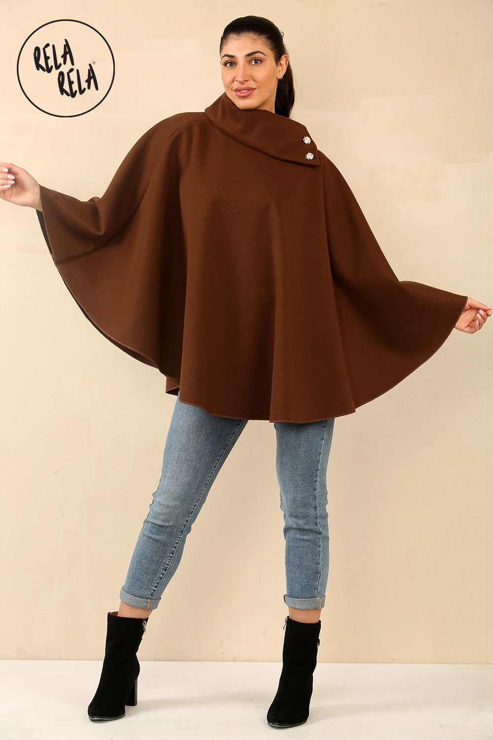 Cape Sleeve Belted Poncho Jacket Coat in Chocolate