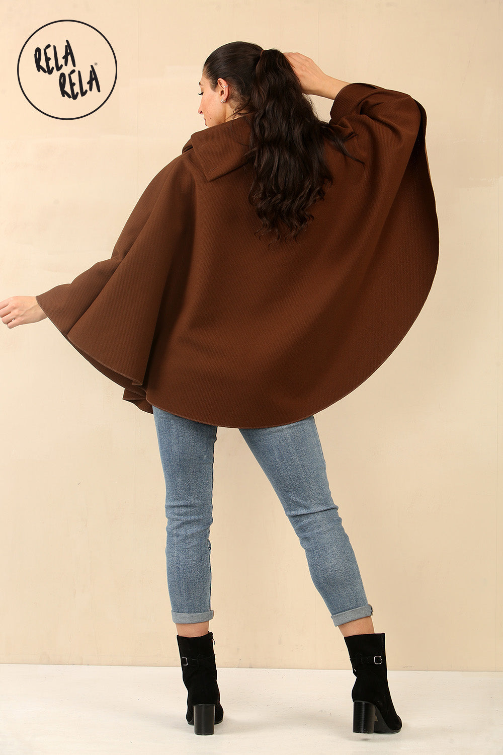 Cape Sleeve Belted Poncho Jacket Coat in Chocolate