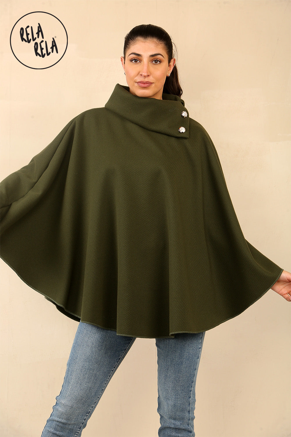 Cape Sleeve Belted Poncho Jacket Coat in Khaki
