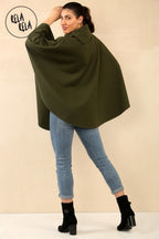 Cape Sleeve Belted Poncho Jacket Coat in Khaki