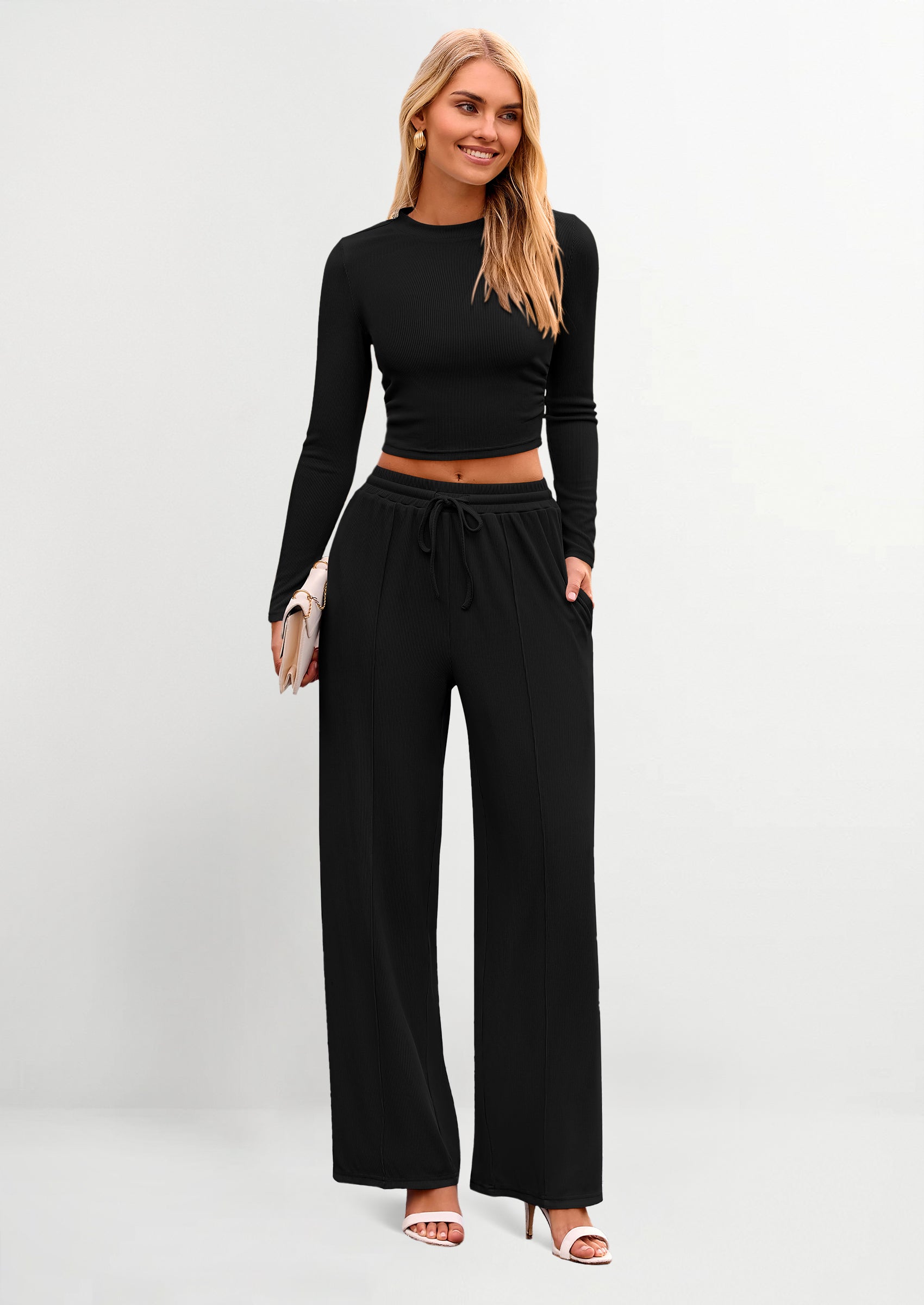 PRETTYGARDEN Women's 2 Piece Loungewear Long Sleeve Crop Top Wide Leg Palazzo Pants Set Tracksuits Casual Outfit
