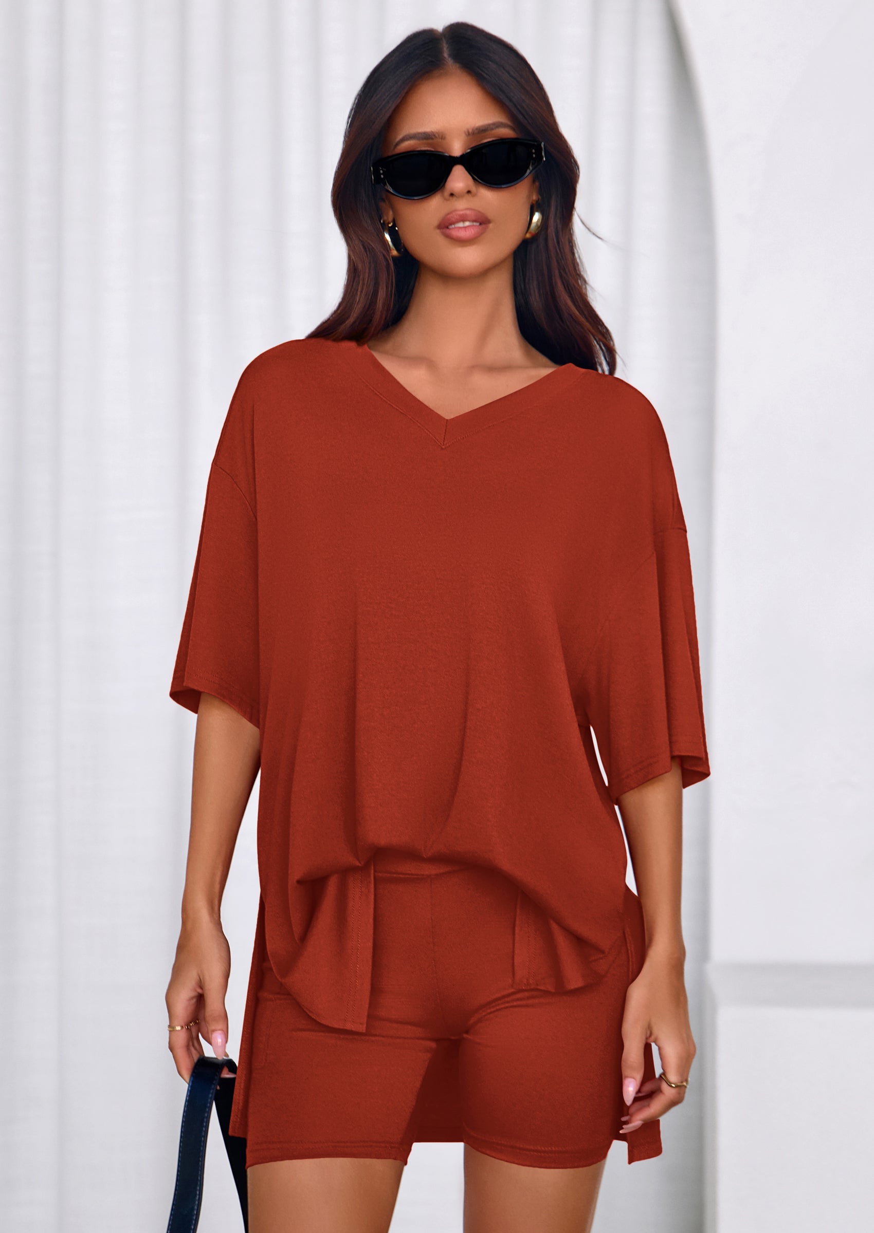 PRETTYGARDEN 2 Piece Sets for Women Summer Lounge Short Set Spring Matching Biker Shorts V Neck Oversized Shirt Clothing