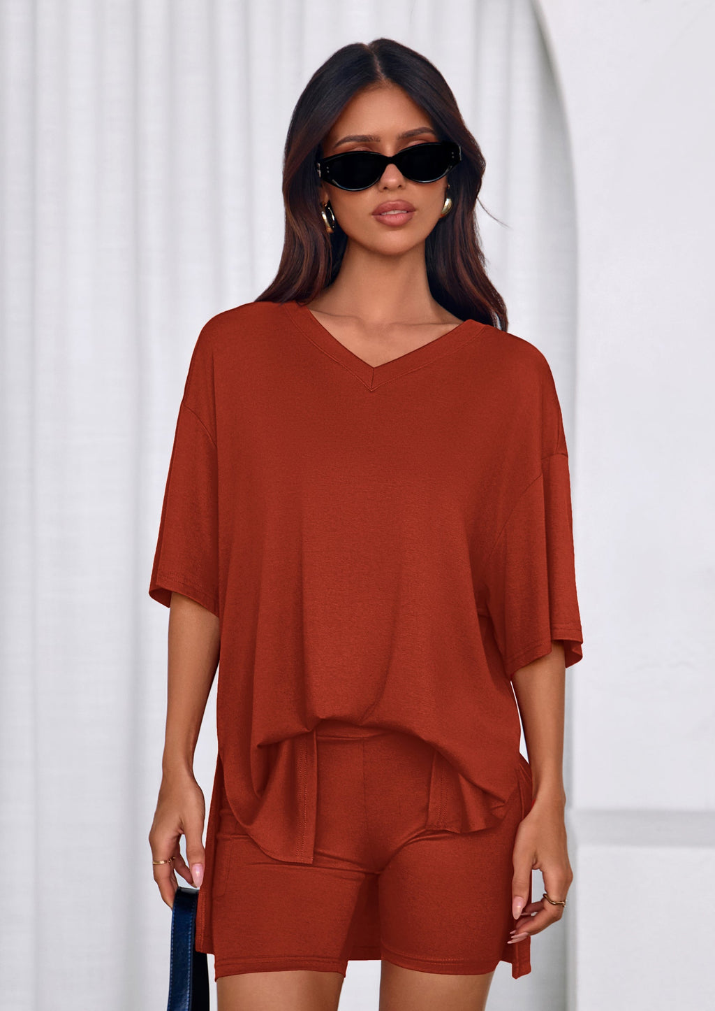 PRETTYGARDEN 2 Piece Sets for Women Summer Lounge Short Set Spring Matching Biker Shorts V Neck Oversized Shirt Clothing