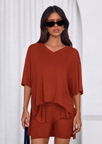 PRETTYGARDEN 2 Piece Sets for Women Summer Lounge Short Set Spring Matching Biker Shorts V Neck Oversized Shirt Clothing
