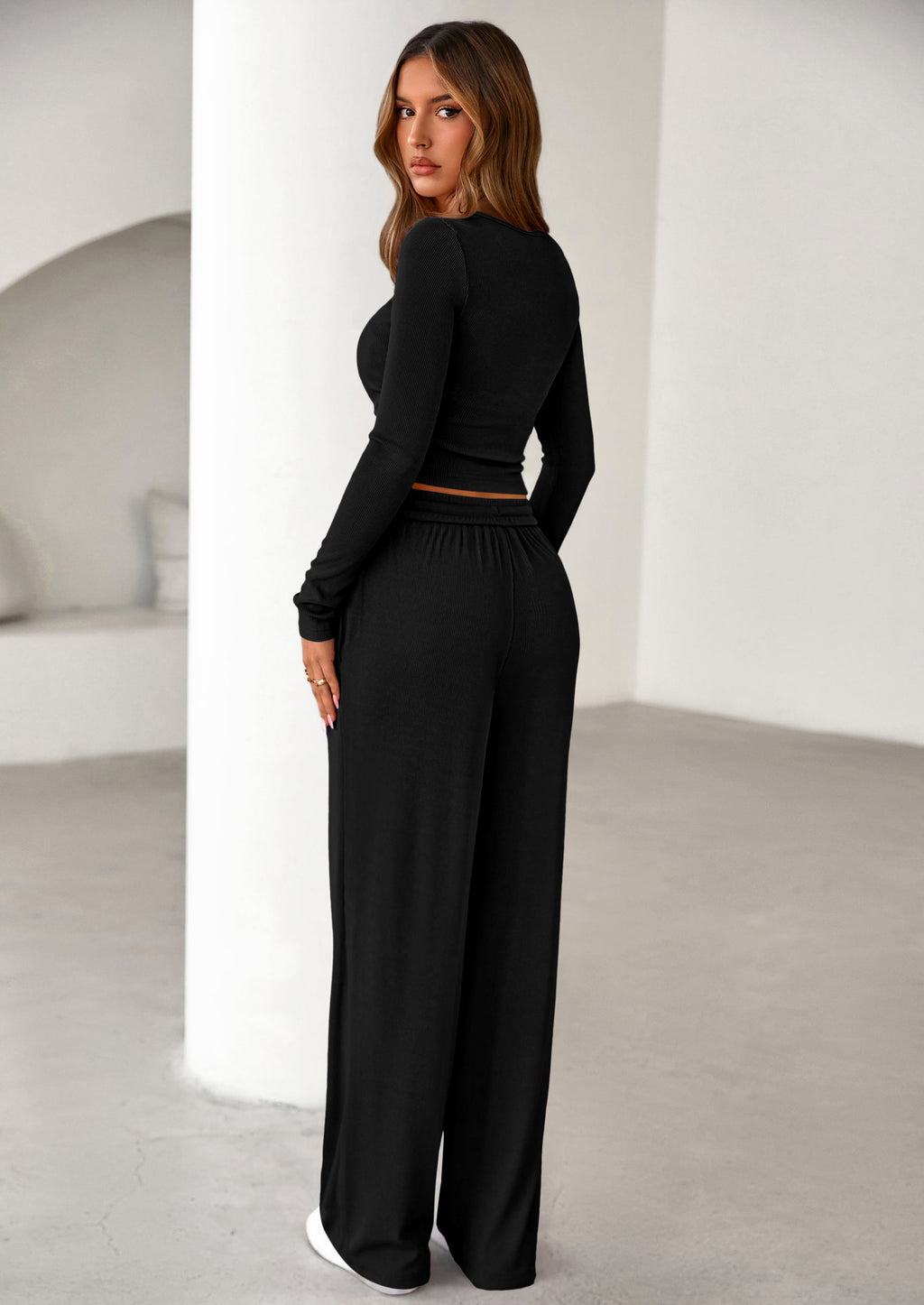 PRETTYGARDEN Women's Fall Trendy 2 Piece Outfits Lounge Sets Long Sleeve Top Henley Shirts Wide Leg Pants Travel Clothes