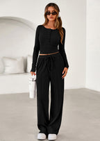 PRETTYGARDEN Women's Fall Trendy 2 Piece Outfits Lounge Sets Long Sleeve Top Henley Shirts Wide Leg Pants Travel Clothes