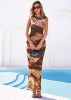 PRETTYGARDEN Summer Dresses for Women Sleeveless Bodycon Maxi Spring Mock Neck Tie Dye Mesh Cocktail Going Out Dress