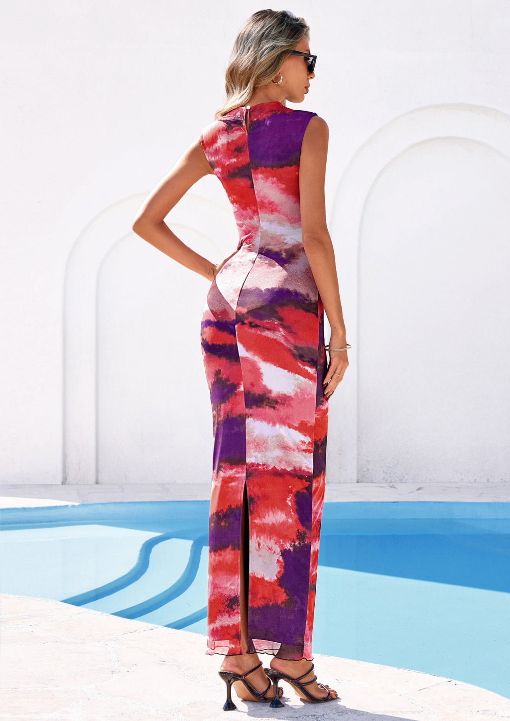 PRETTYGARDEN Summer Dresses for Women Sleeveless Bodycon Maxi Spring Mock Neck Tie Dye Mesh Cocktail Going Out Dress