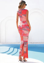 PRETTYGARDEN Summer Dresses for Women Sleeveless Bodycon Maxi Spring Mock Neck Tie Dye Mesh Cocktail Going Out Dress