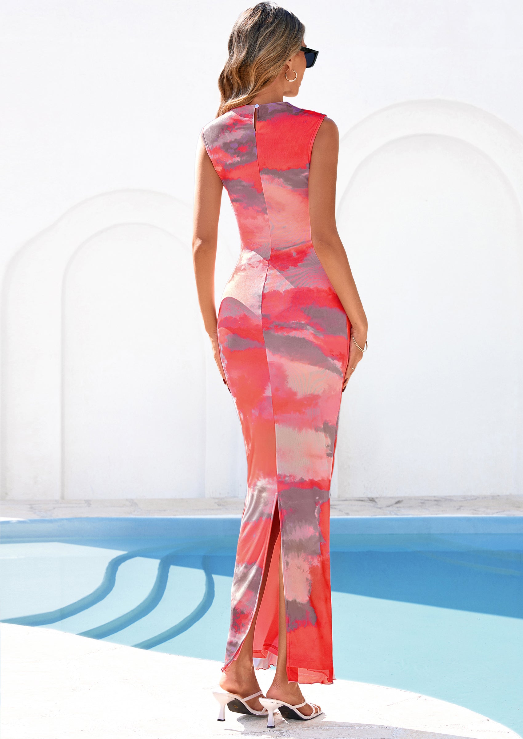 PRETTYGARDEN Summer Dresses for Women Sleeveless Bodycon Maxi Spring Mock Neck Tie Dye Mesh Cocktail Going Out Dress