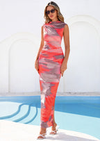 PRETTYGARDEN Summer Dresses for Women Sleeveless Bodycon Maxi Spring Mock Neck Tie Dye Mesh Cocktail Going Out Dress