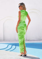 PRETTYGARDEN Summer Dresses for Women Sleeveless Bodycon Maxi Spring Mock Neck Tie Dye Mesh Cocktail Going Out Dress