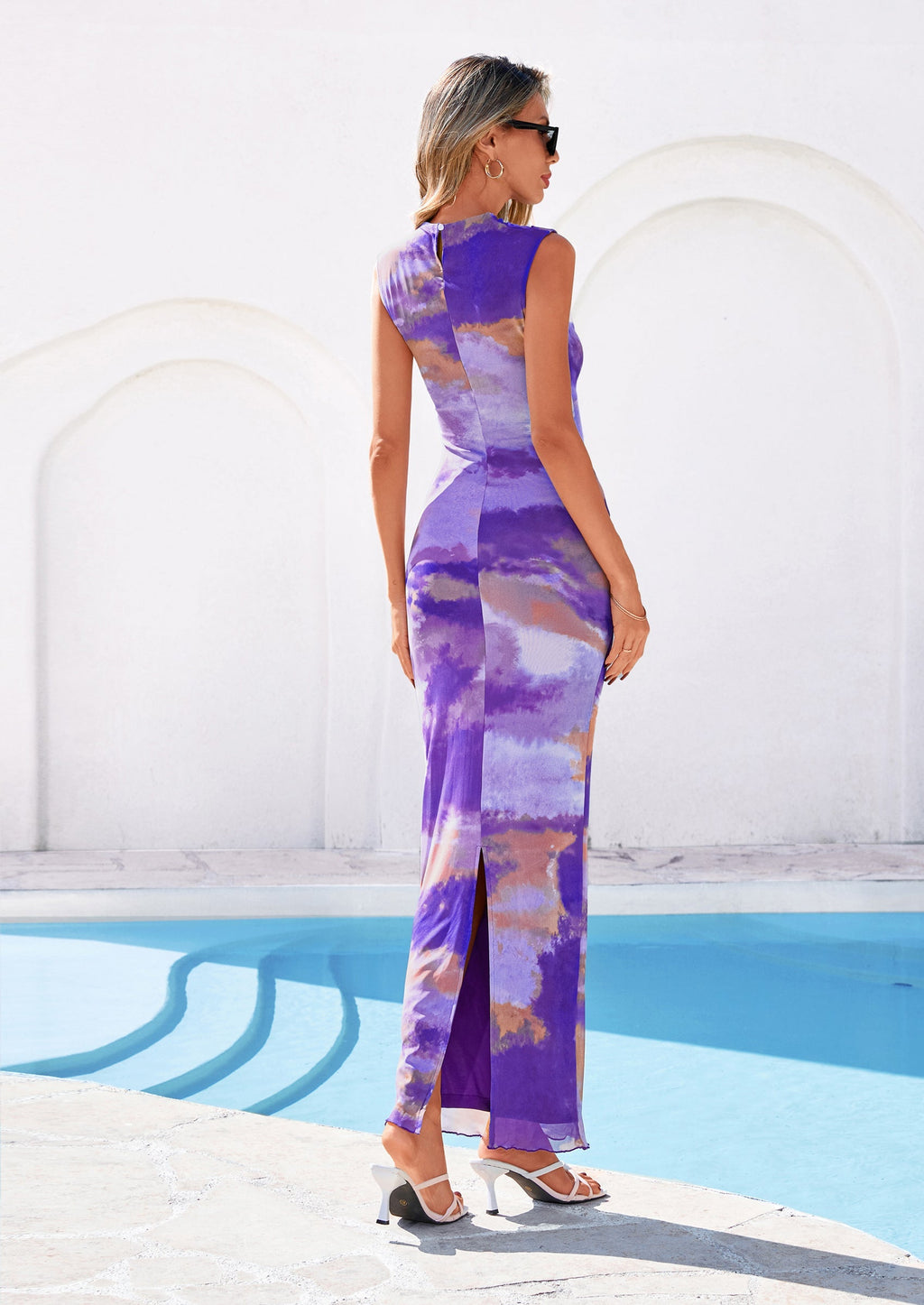 PRETTYGARDEN Summer Dresses for Women Sleeveless Bodycon Maxi Spring Mock Neck Tie Dye Mesh Cocktail Going Out Dress