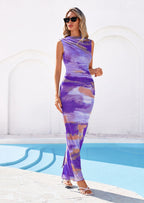 PRETTYGARDEN Summer Dresses for Women Sleeveless Bodycon Maxi Spring Mock Neck Tie Dye Mesh Cocktail Going Out Dress